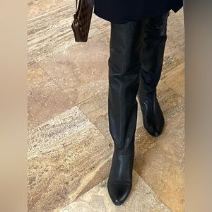 Aee Leather Over The Knee flat heel Boots black Pull on women size 6